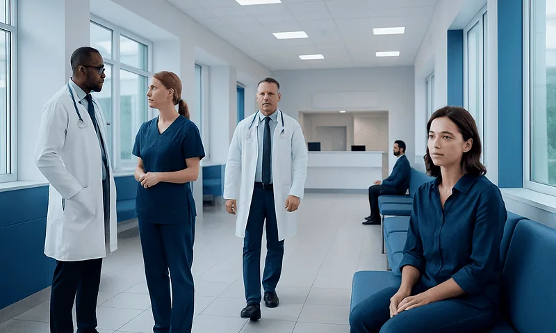Medical team discussing patient care in hospital corridor.