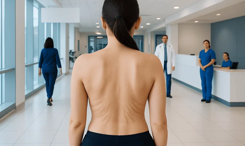 Patient with back stretch marks in hospital corridor with medical staff.