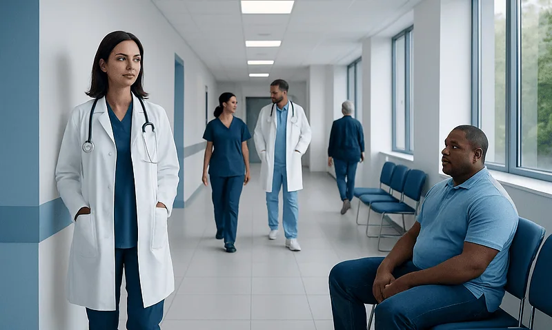 Medical professionals and patient in hospital corridor at Acibadem Hospitals Group.