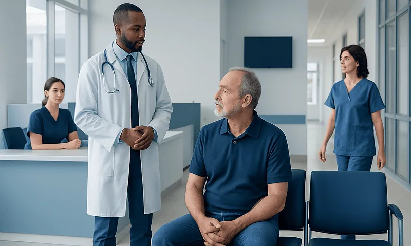 Doctor consulting with a senior male patient in a hospital corridor.