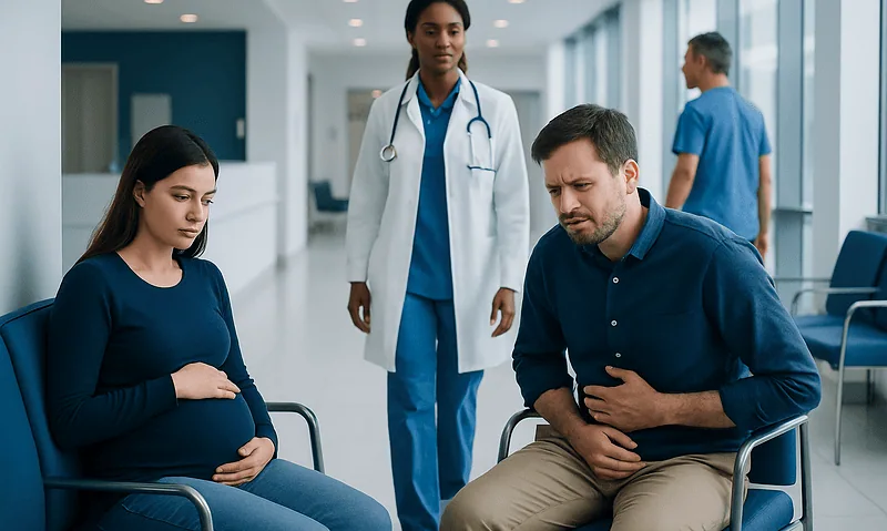 Pregnant woman experiencing abdominal pain in hospital waiting area.
