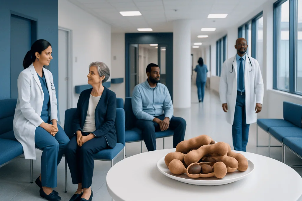 Tamarind Health Properties and Nutritional Value 1 Patients and doctors in a modern hospital corridor with a table of stones.