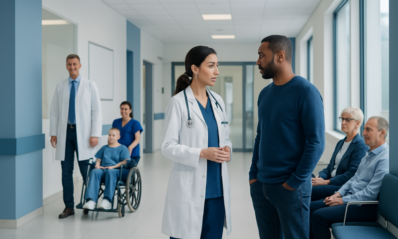 Doctor discussing with patient in hospital corridor with elderly and young patients.
