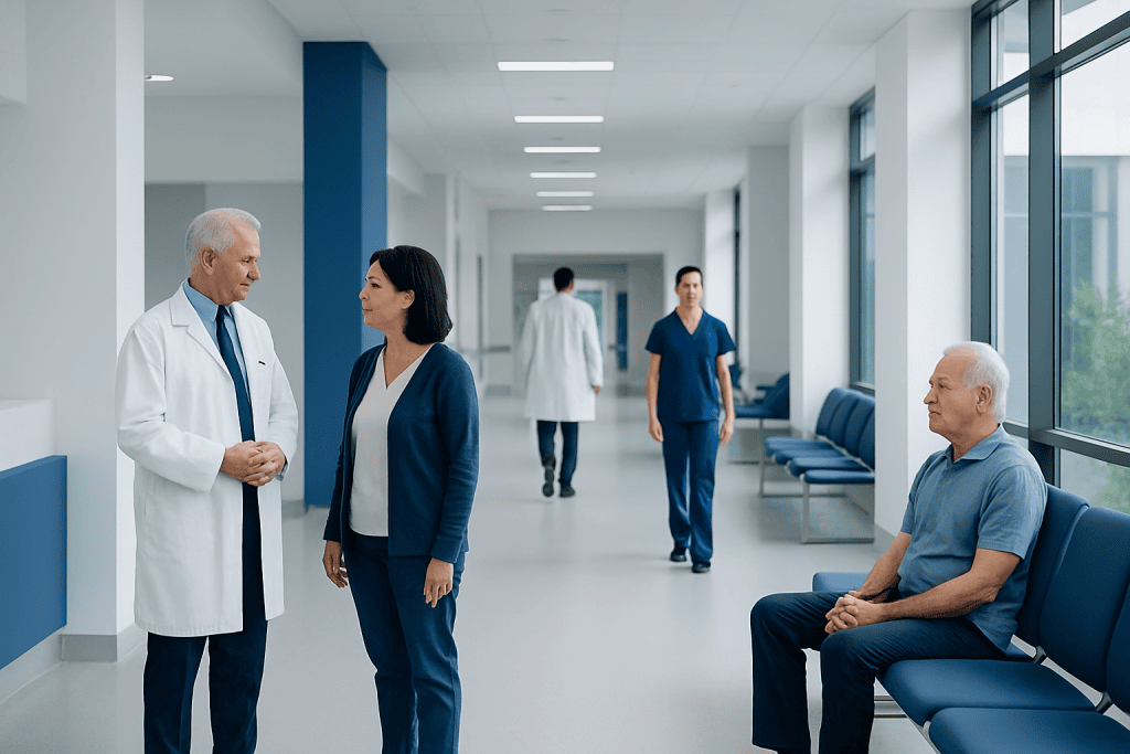 What Are the 4 Types of Cataract Lenses: An Evidence-Based Patient Guide 1 Medical professionals and patient in hospital corridor at Acibadem Hospitals Group.