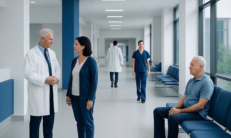 Medical professionals and patient in hospital corridor at Acibadem Hospitals Group.
