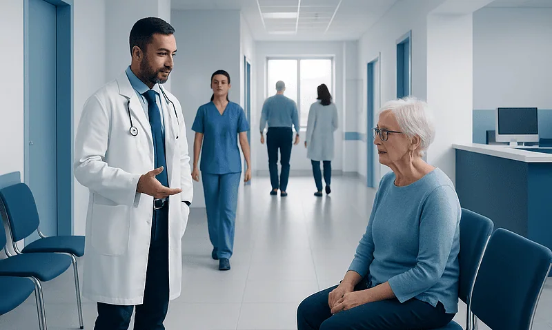 Doctor consulting elderly patient in hospital corridor.
