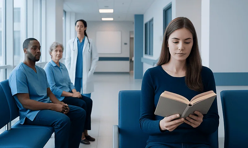 Young woman reading in hospital corridor with medical staff in background.