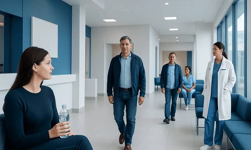 Patients and medical staff in a modern hospital corridor.