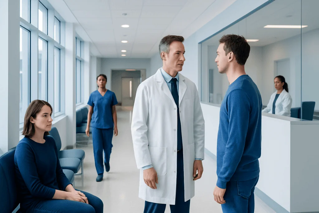 Best Iodine Tablets for Radiation: How It Works, Results and What to Expect 1 Doctor consulting with patient in hospital corridor with staff in background.