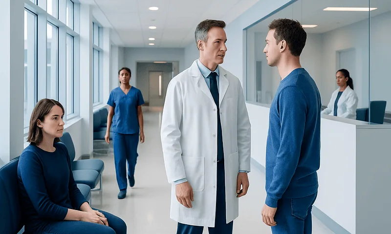 Doctor consulting with patient in hospital corridor with staff in background.