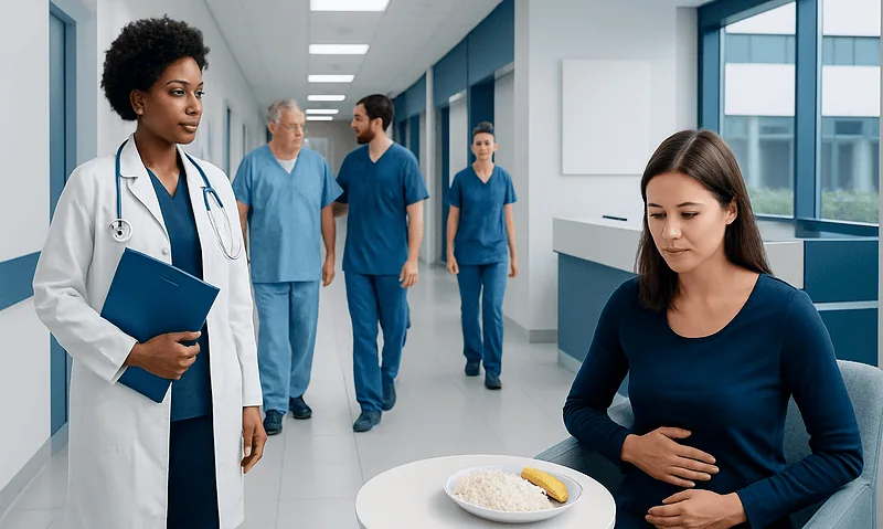 Healthcare professional consulting a patient with stomach discomfort in hospital corridor.