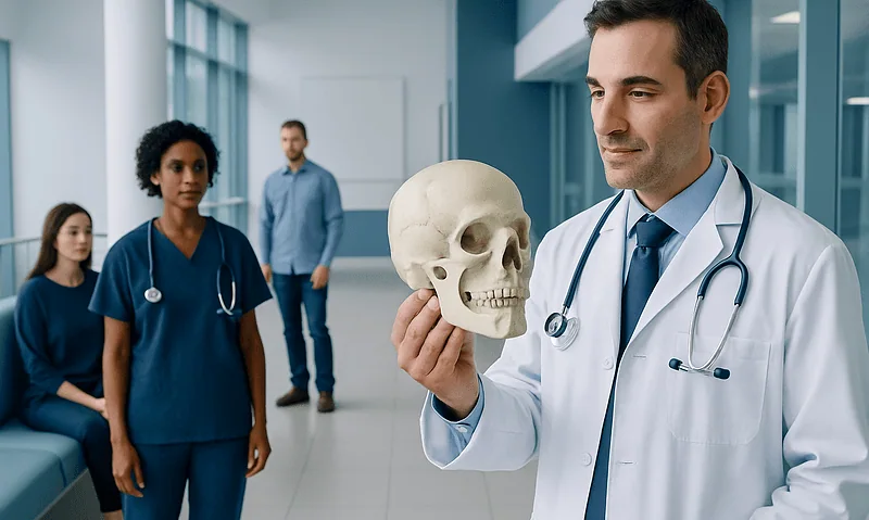 Doctor examining a skull model in a hospital setting with medical staff in background.