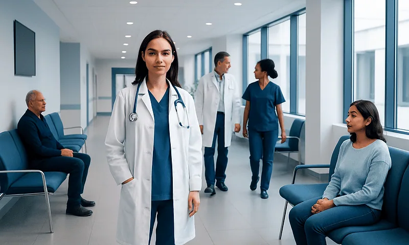 Medical professionals and patients in a hospital corridor at Acibadem Hospitals Group.