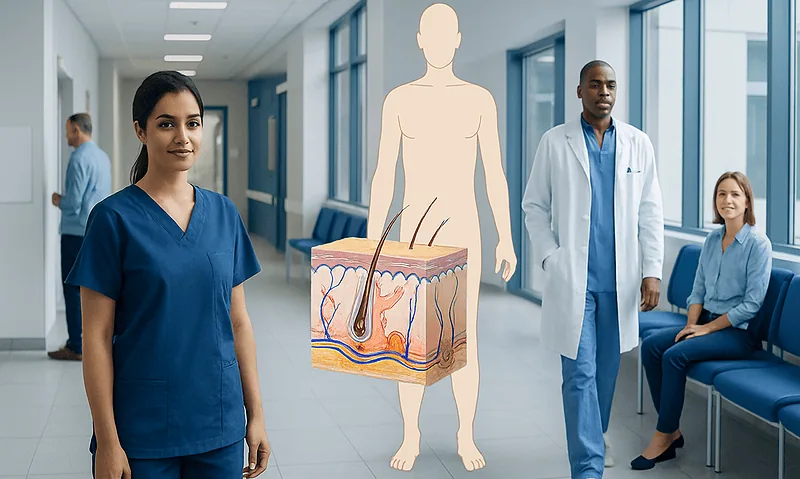 Medical professionals in a hospital corridor with skin anatomy diagram.