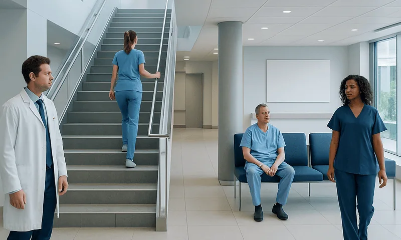Hospital corridor with medical staff and patients, modern healthcare setting.