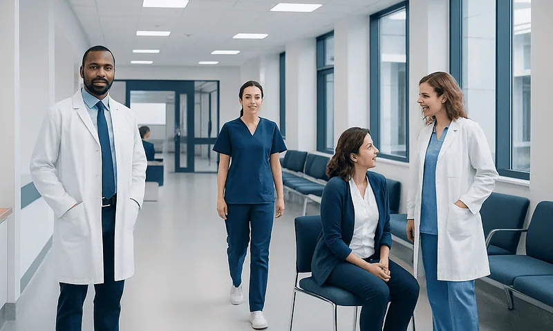 Medical team in hospital corridor with patient and staff members.