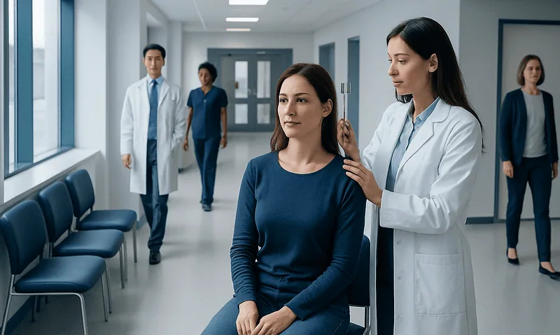 Doctor examines patient's ear in a hospital corridor with colleagues nearby.
