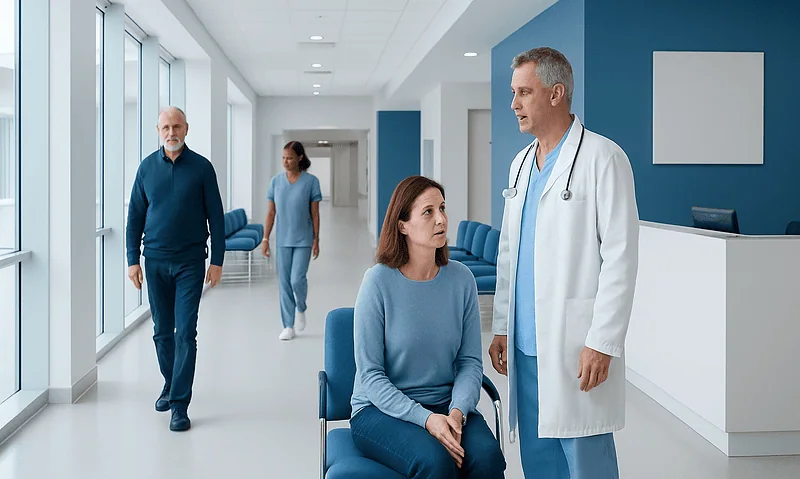 Doctor consulting a patient in a modern hospital corridor.