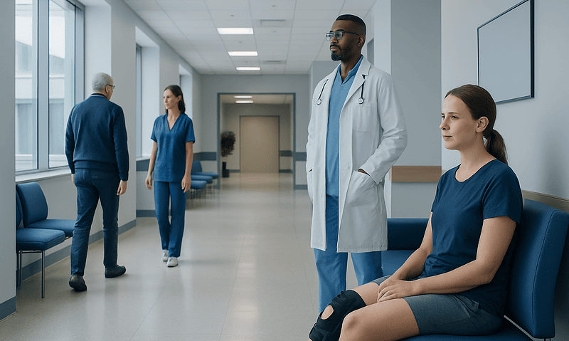 Medical staff and patient in hospital corridor at Acibadem Hospitals Group.