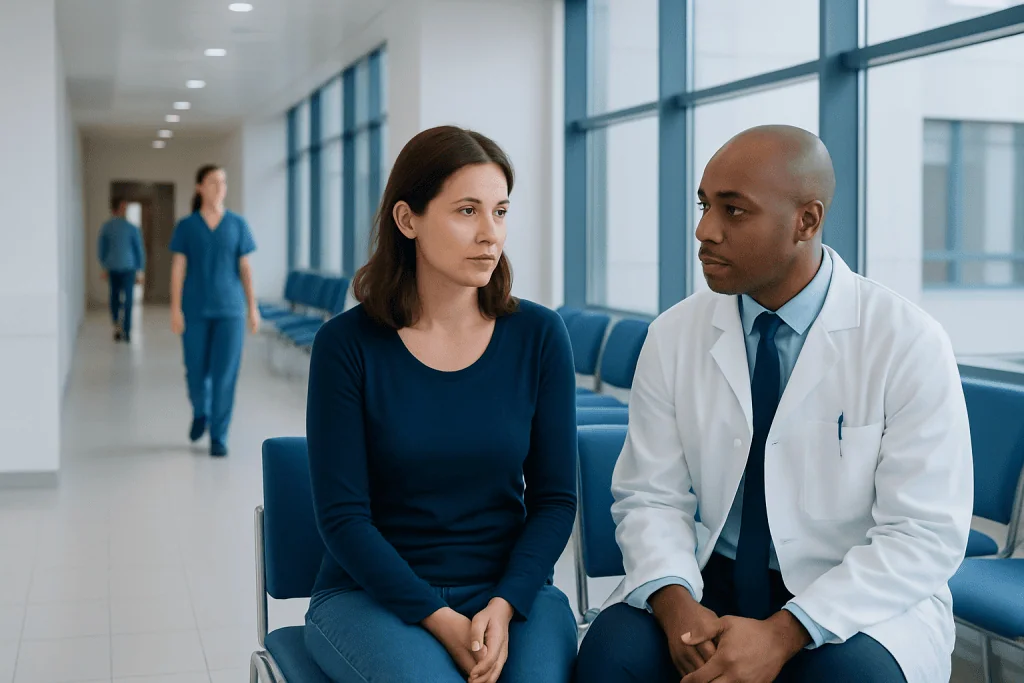 Egg freezing Risks & Side Effects Explained by Surgeons 1 Doctor consulting with a woman in a hospital corridor.