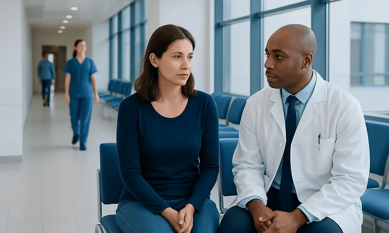 Doctor consulting with a woman in a hospital corridor.