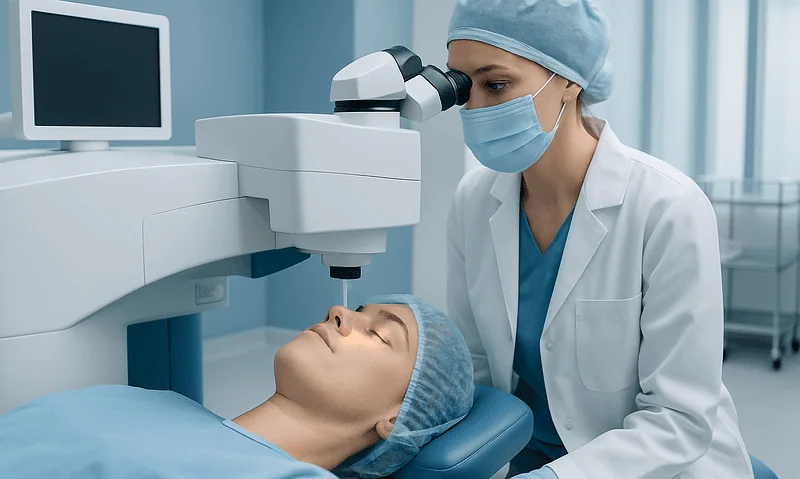 Surgeon performing laser eye surgery in a modern clinic setting.