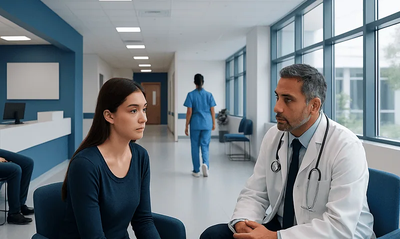 Doctor consulting with a young woman in a hospital corridor.