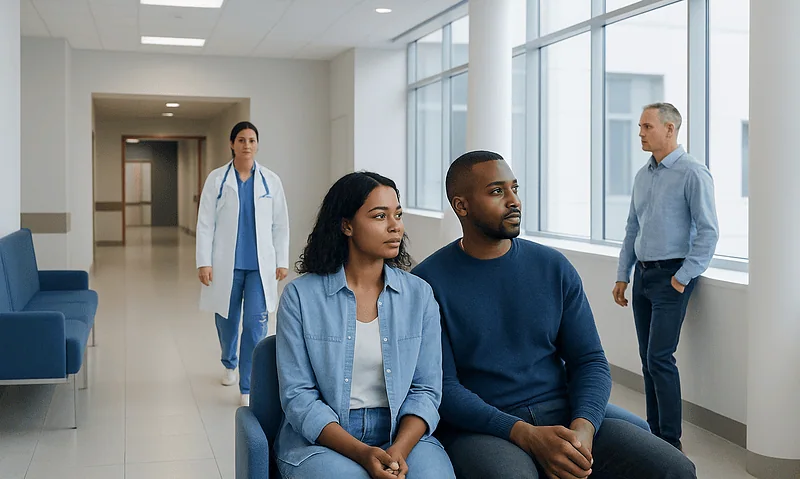 Diverse patients waiting in a hospital corridor with medical staff nearby.