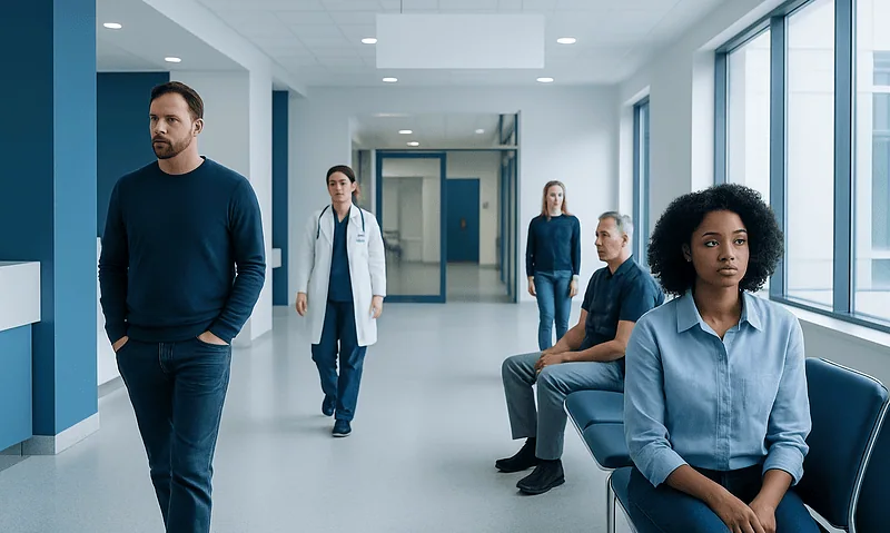 Patients waiting in a hospital corridor with medical staff nearby.