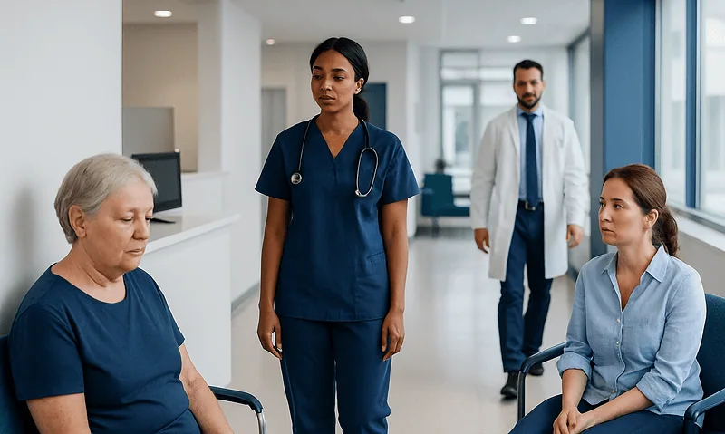Healthcare professionals consulting with elderly patient in hospital corridor.