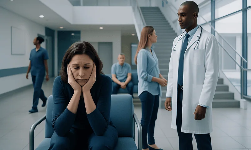 Patient experiencing stress in a hospital waiting area with medical staff nearby.