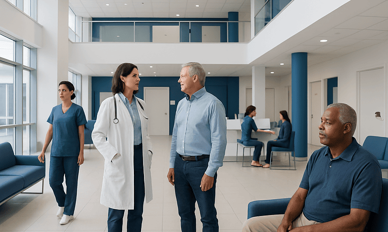 Healthcare professionals and patients in a modern hospital lobby.