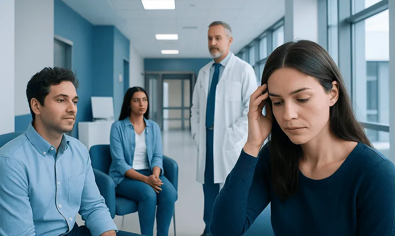 Woman experiencing headache in a medical consultation setting.