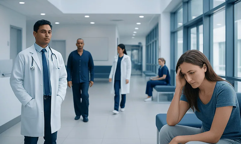 Young woman with headache in hospital corridor with doctors and staff.