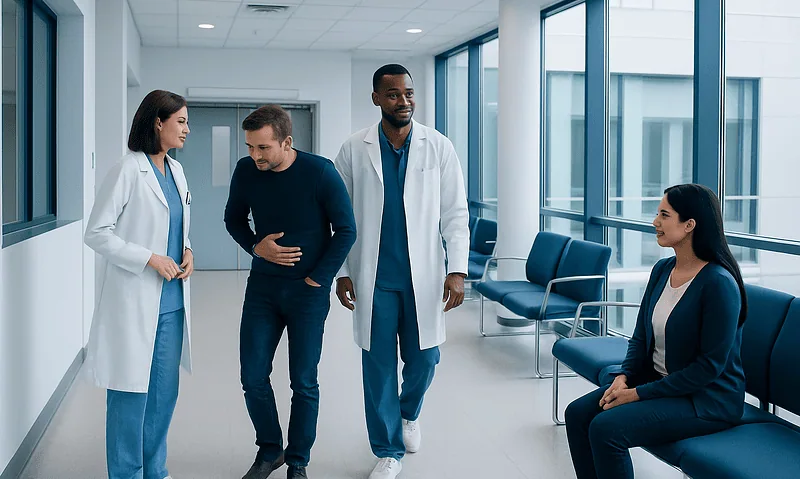 Medical professionals and patient in hospital corridor at Acibadem Hospitals Group.