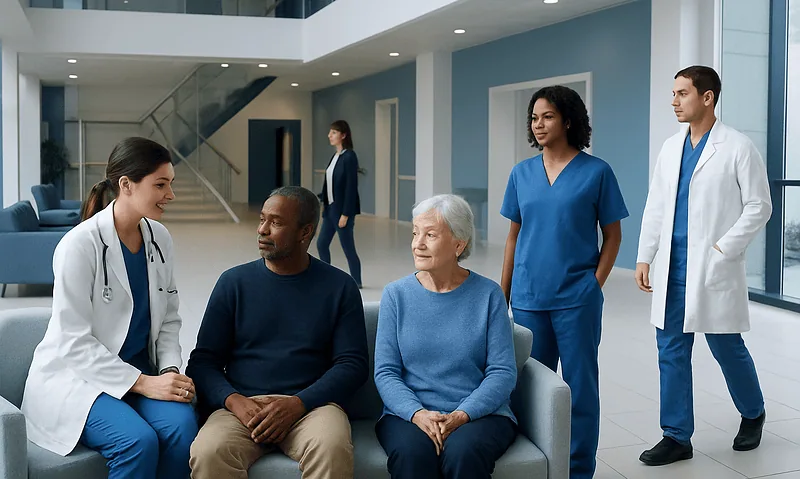Medical team consulting with elderly patients in hospital lobby.
