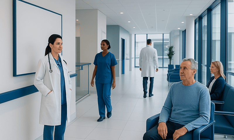 Medical professionals consulting with a patient in a modern hospital corridor.