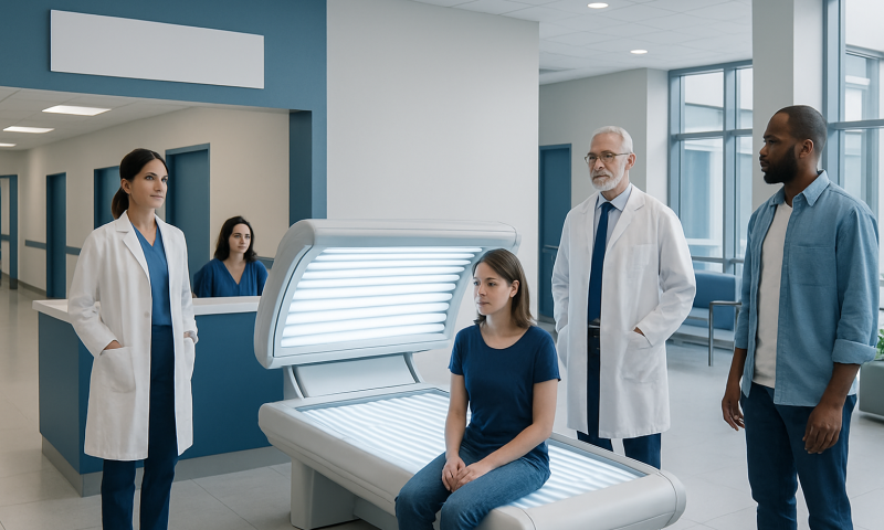Patient undergoing UV tanning bed treatment at Acibadem Hospital.
