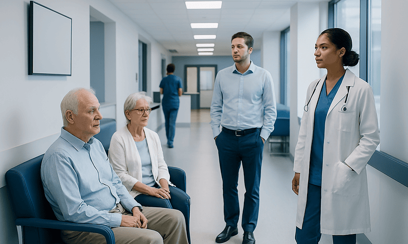 Patients and doctor in hospital corridor during consultation.