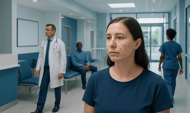 Patient with facial warts in a hospital corridor for skin treatment consultation.