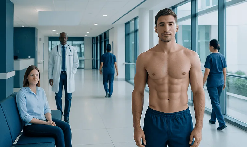 Washboard Abs: What Patients Need to Know 4 Young man with defined abs in hospital corridor for Washboard Abs post.