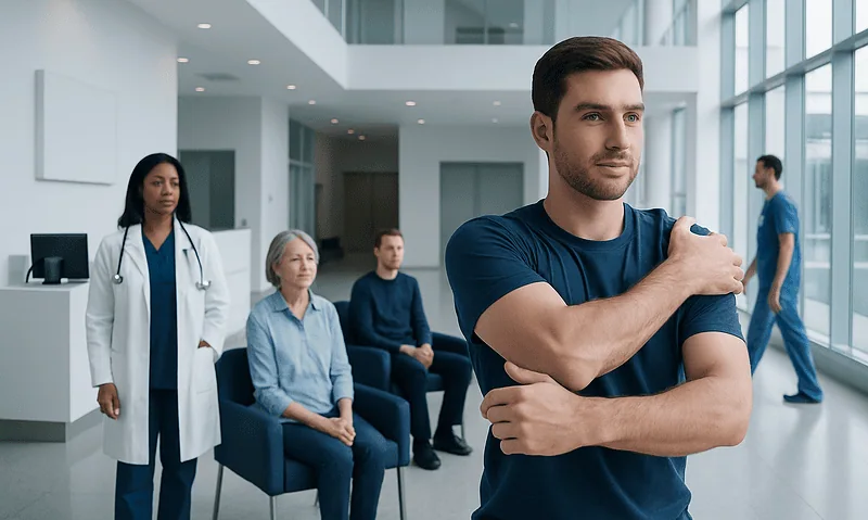 Young man performing shoulder stretch in hospital waiting area.