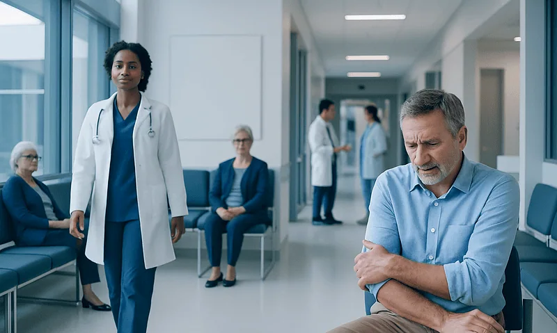 Arthritis in Elbow: Early Signs, Risk Factors, and How It Is Treated 4 Patient experiencing elbow pain in a hospital waiting area.