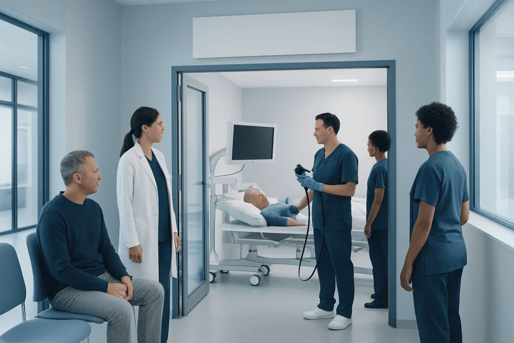 Artificial Intelligence Colonoscopy: Preparation, Procedure and Results 1 Medical team preparing patient for colonoscopy in hospital room.