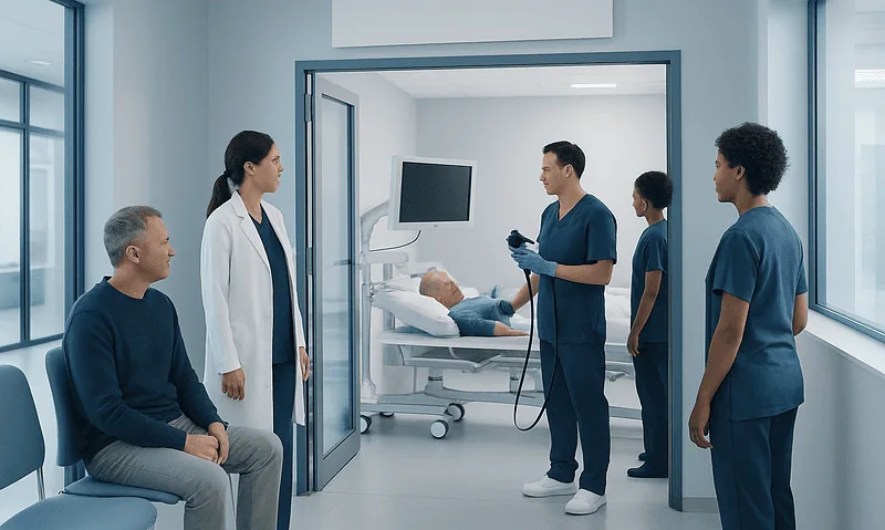 Medical team preparing patient for colonoscopy in hospital room.