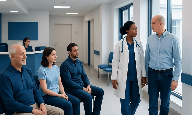 Medical consultation with a diverse group of patients and a doctor in a modern clinic.