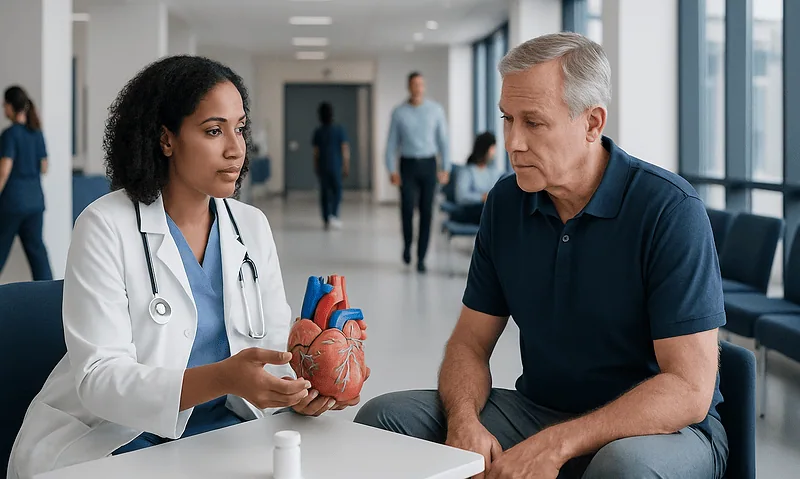 Doctor explaining heart health to patient in hospital setting.
