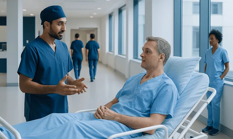 Doctor consulting with patient in hospital corridor.