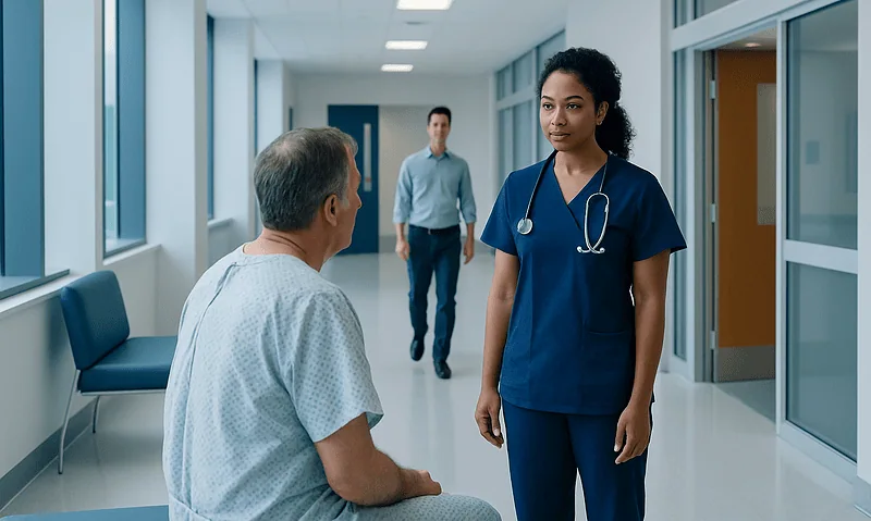 Nurse consulting with a patient in a hospital corridor.