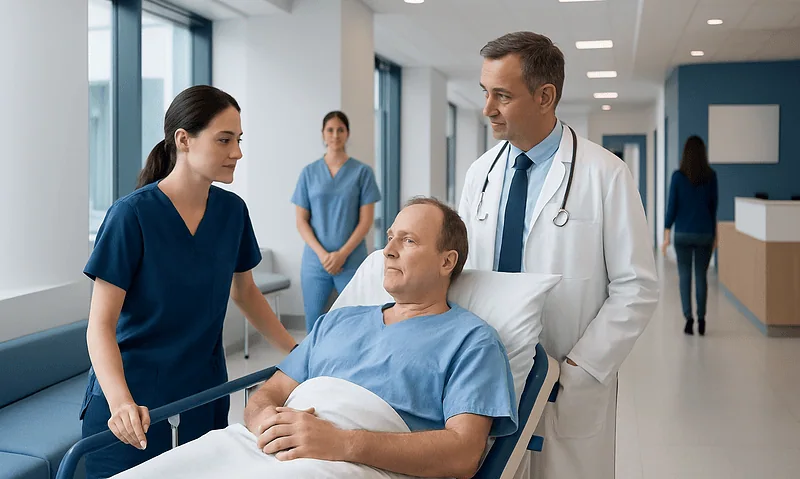 Doctor and nurses caring for a patient in hospital corridor.